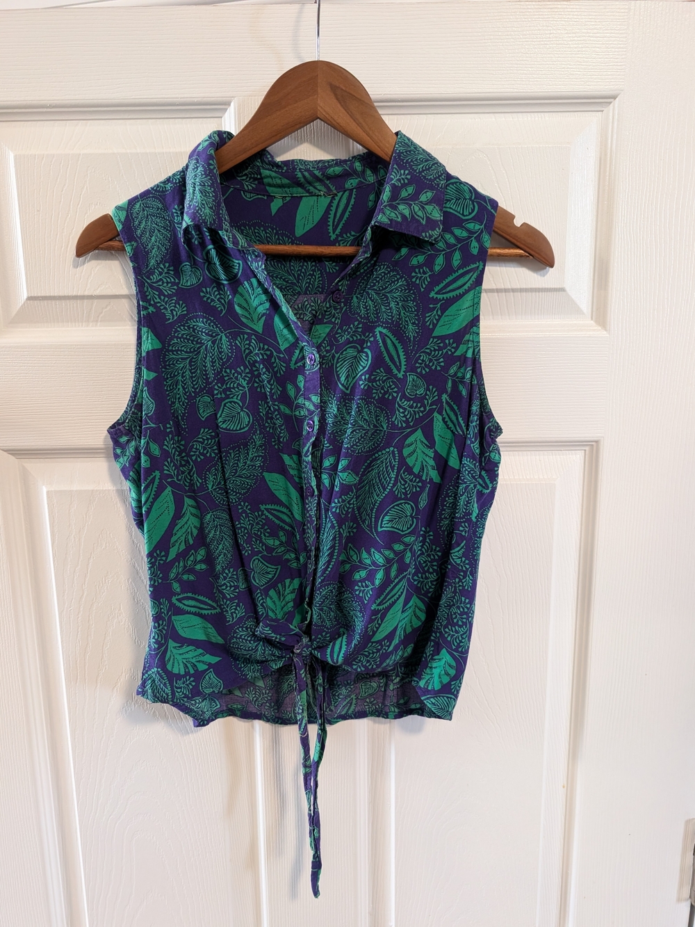 Vintage Sleeveless Tie-Front Botanical Print Tank Top - Purple & Green